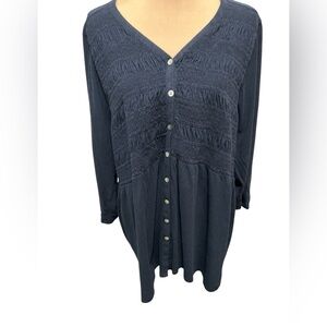 J. Jill Navy Blue Smocked Chest Button Down Tunic Top 3/4 Sleeves V-Neck Size 2X